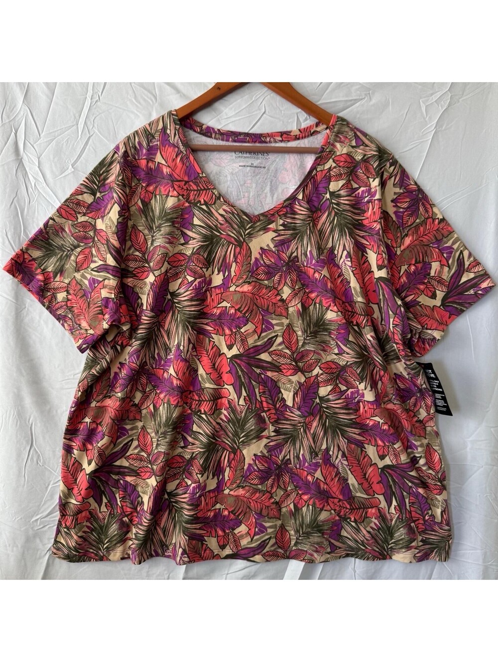 Catherines Suprema Top 2X Pink Tropical Leaf V-Neck Cotton Blend NWT